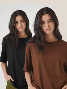 Kit de Camisetas Lisas Oversized Basicas Algodão para Verão - PRETO e Marrom - Visão 1