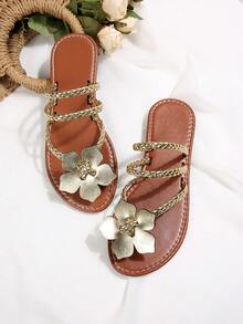 Dép xăng đan đế bằng họa tiết hoa dành cho nữ, kiểu dáng châu Âu và Mỹ, thoải mái khi mang đi biển vào mùa hè. - Vàng - Xem 6