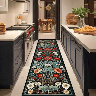 1pc Vintage Green Floral Print Hallway Carpet, Moroccan Rug, Bohemian Corridor Long Runner Rug, Area Rug, Home Decor, Living Room Rug, Washable Carpet, Room Decor