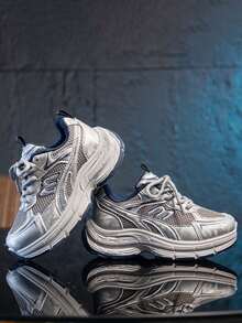 Kids' Breathable Mesh Sports Shoes, Retro Distressed Style, Anti-Slip Thick Sole, Unisex Casual Chunky Sneakers - Grey - View 7