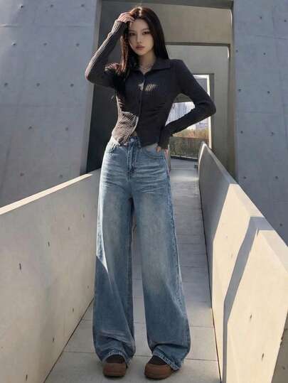 YEAE | 竹编结纹理水洗复古蓝全竹编结高腰宽松直筒牛仔裤 春季款