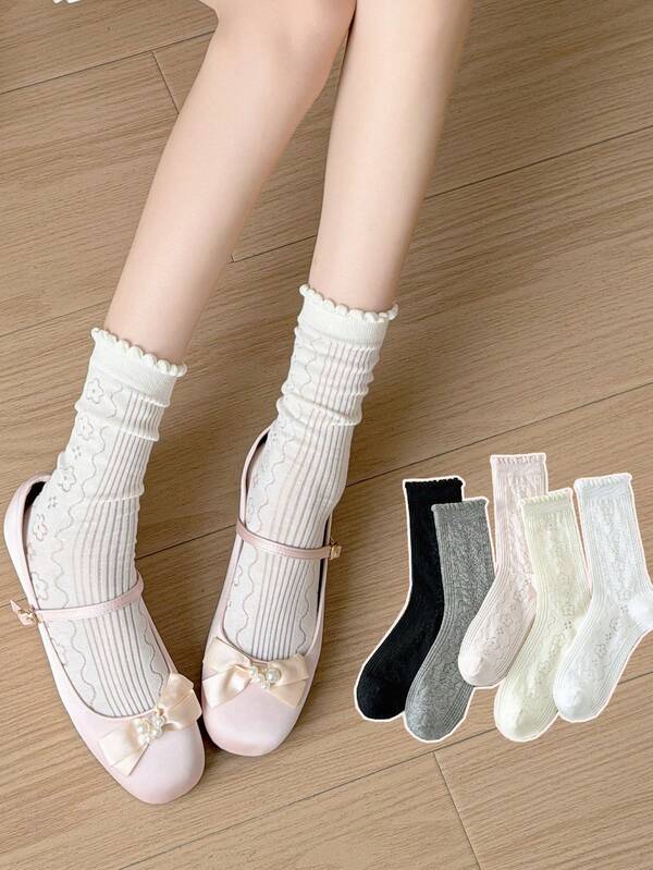 1/5 Pairs Women's Mid-Calf Socks, Spring/Summer Thin Bubble Mouth Mesh Hollow Floral Ballet Style Solid Color Comfortable Crew Socks