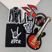 6片朋克摇滚刺绣熨烫贴片，复古音乐主题元素，适用于服装、帽子、鞋子、行李箱、T恤、夹克等，包含摇滚手势、吉他、夹克、音乐符号等图案。 - C - 查看 2