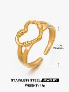 1 pieza Anillo abierto con forma de corazón chapado en oro de 18K de acero inoxidable, adecuado para uso diario de mujeres, citas, vacaciones, regalo - Dorado - Ver 4
