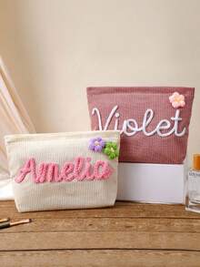 个性化伴娘化妆包，定制雪尼尔名字旅行收纳袋，灯芯绒洗漱包，单身派对回礼，沙滩收纳包 - 彩色 - 查看 3