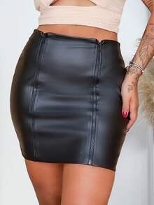 Short Skirt With 2 Zippers In Black Faux Leather, High Waist, Party - màu đen - Xem 7