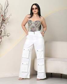 Women's Wide Leg Cargo Pants, High Waist, Tailored, Marrant Style, Palazzo Pants With 4 Utility Pockets, Premium Streetwear - 白色 - 查看 7