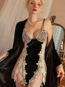 性感内衣弹力天鹅绒和蕾丝性感吊带迷你连衣裙 1 件，Rave - 黑色 - 查看 5