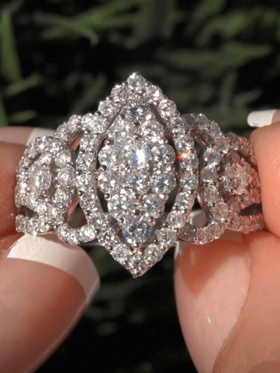 Luxury Inlaid Shiny Cubic Zirconia Elegant Promise Ring, Wedding Engagement Party Gift For Women - Silver - View 1