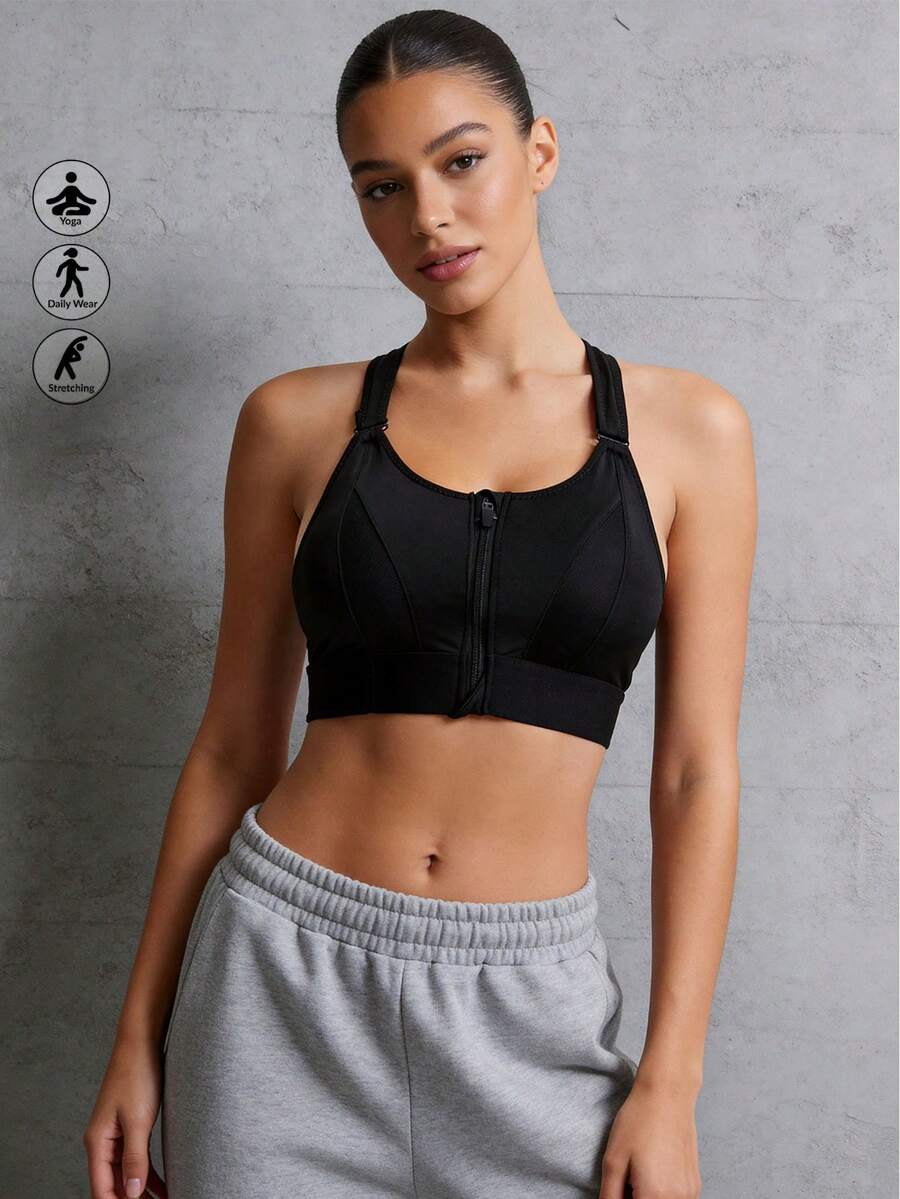 Runway Rest Women Sports Bra Crop Top Yoga Vest Front Zipper Adjustable Strap Shockproof Fitness Athletic Bralette Women Push Up Lingerie - Black - View 1