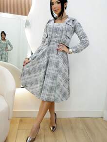 2 Piece Kit Two Piece Set Twed Mesh Fabric Dress And Blazer Jacket Women's Modest Christian Evangelical Fashion - BLACK aND WHITE - View 1