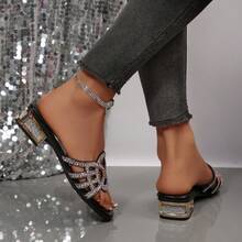 1 Pair Fashion Chunky Heel, Square Toe High Heel Shoes, Sexy Summer Party Slide Sandals - Black - View 7