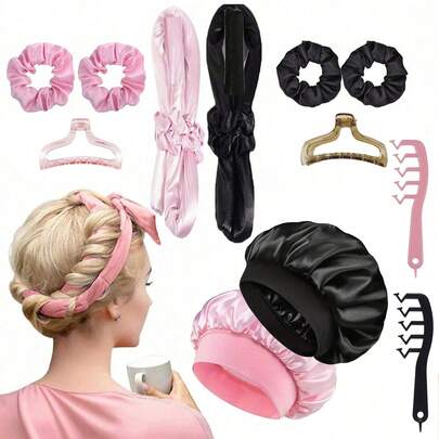  6件/5件/4件装 Mcbki 睡眠美发造型工具套装，无需加热的卷发棒+睡眠帽+Z字梳，丝质睡眠帽，弹性睡眠帽，女士护发，长发造型工具，DIY 懒人卷发，打造自然波浪和蓬松卷发，适合过夜使用，旅行必备，奢华护发礼品