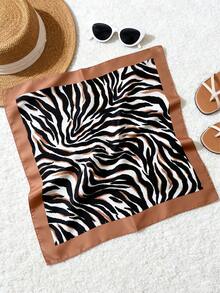 斑马纹缎面头巾沙滩巾套装（1 件），女士时尚配饰，理想礼物 - 彩色 - 查看 3