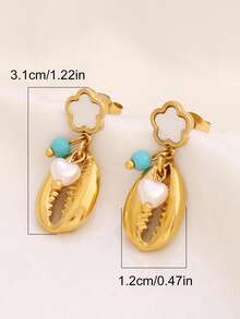 1对不锈钢五叶花耳钉，女士时尚18K PVD镀层设计，珍珠海星贝壳吊坠耳环首饰 - 耳環 - 查看 7