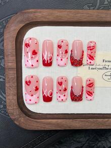 10片装Y2K风格管道形美甲贴片套装 - 手工制作，粉色美甲，红色美甲，粉红法式美甲，手绘红色波点、红色之吻和红色爱心图案设计，闪亮红色水钻装饰手工美甲贴片 - 彩色 - 查看 2