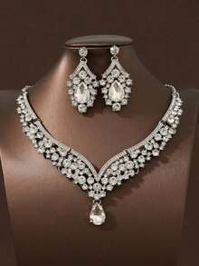 3pcs/Set Women's Army Green Necklace Earrings Jewelry Set, Elegant Wedding & Party Accessories - Bạc - Xem 4