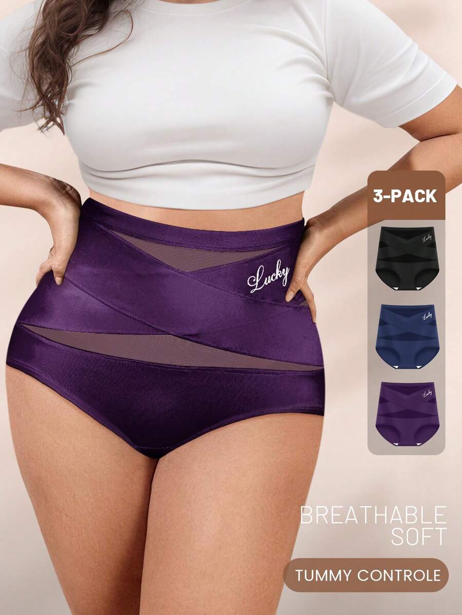 3pcs/Set Women Plus Size High Waist Briefs, Cross Strap Design, Seamless, Elastic, Soft, Breathable