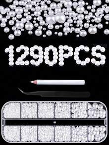 12格混色白色珍珠美甲裝飾，3D圓形/半圓珍珠美甲水鑽美甲配件，DIY附鑷子與水鑽蠟筆美甲飾品 - 白色 - 查看 1