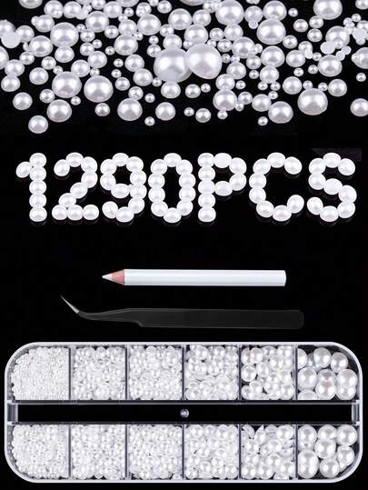 12 Slots Mixed White Pearl Nail Decorations, 3D Round/Semi-Circle Pearl Nail Rhinestones Manicure Accessories, DIY With Tweezers And Rhinestone Wax Pencil