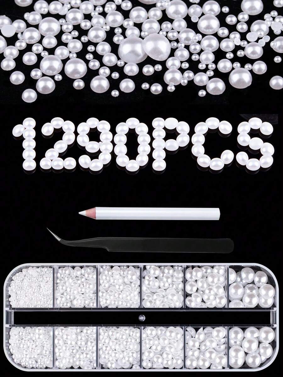 12格混色白色珍珠美甲裝飾,3D圓形/半圓珍珠美甲水鑽美甲配件,DIY附鑷子與水鑽蠟筆美甲飾品 - 白色 - 查看 1