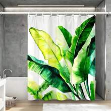 Tenda da doccia in stile acquerello con foglie di banana, foglie di palma tropicali verdi su sfondo bianco, tenda da doccia impermeabile in poliestere con ganci, decorazione da bagno bohémien tropicale per la casa, accessorio da bagno in stile vacanza estiva - Verde smeraldo - Visualizzare 5