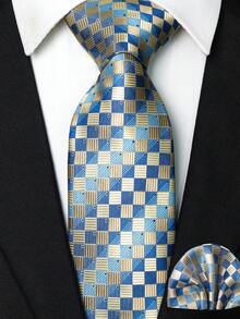 1/2/3/4/5 Pcs Men's Blue Plaid Necktie, Pocket Square, Silver Tie Clip, Cufflinks And Lapel Pin Combination Set, For Workplace, Business, Meetings, Weddings - Baby Blue - View 18