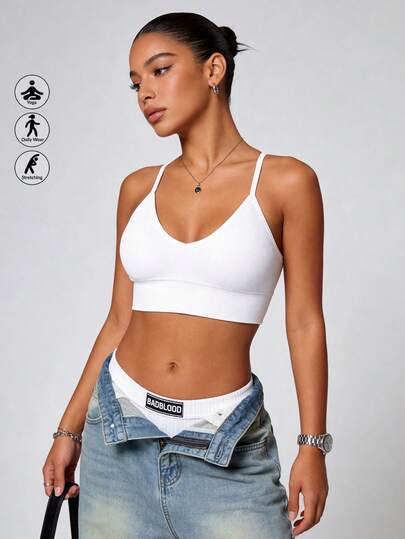 Runway Rest 1-Piece Women's Seamless Knit Ribbed Sexy Bra, Wireless Cross Strap Backless Sports Bra