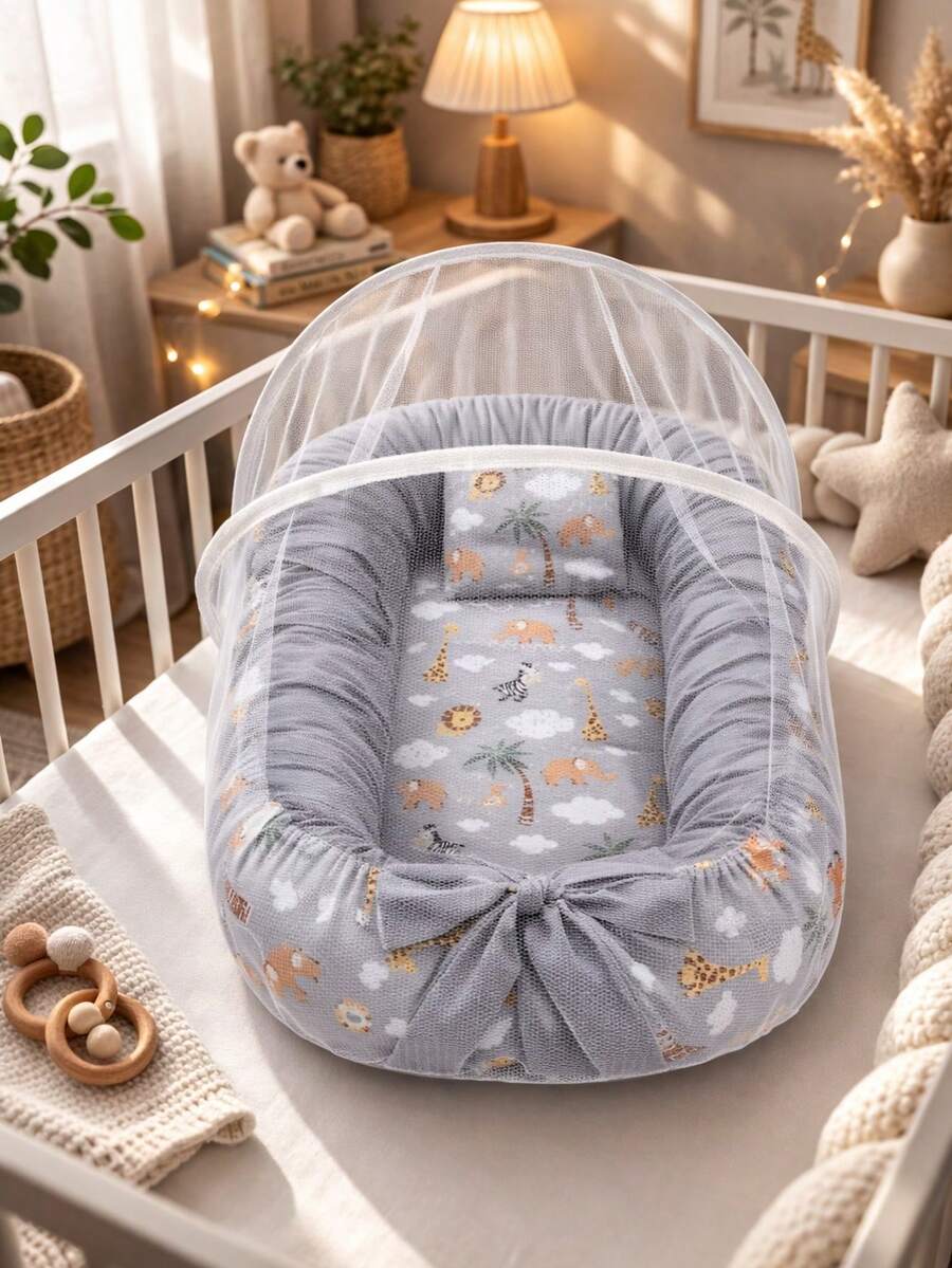 Baby Nest Reducer With Mosquito Net – Comfort And Safety For Baby - SAFARI GRIS - Ver 1