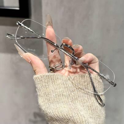 1pc Metal Frameless Minimalist Lens Plastic Frame Glasses, Suitable For Daily Casual Wear For Both Men And Women