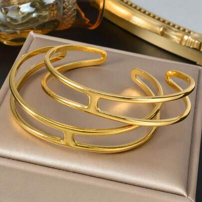 1pc Simple Fashionable 18k Gold-Plated Double-Layer H-Shaped Stainless Steel Bracelet With Sturdy Design, Casual Style, Women Daily Fashion Versatile Jewelry