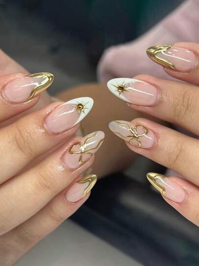 24片/套 奢华3D金色法式杏仁形极简美甲贴纸，饰有蝴蝶、星星和水钻，包含甲油胶和指甲锉，适合女孩/女士日常、约会、派对佩戴