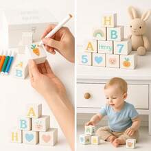 Baby Shower Blocks Decorating Game – 48 White Wooden Cubes To Decorate, Storage Box, 12 Acrylic Markers & Instruction Sign - 白色積木套裝 - 查看 8