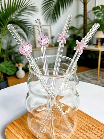 1/2PCS Beach Party Glass Straws – Pink Starfish & Shell Reusable Straws For Cold Drinks, Boba Tea, Coffee & Smoothies – Tropical Summer Barware For Sand Holiday, Themed Restaurants & Festive Celebrations (Easter, Halloween, Thanksgiving, Christmas, New Year Favors)