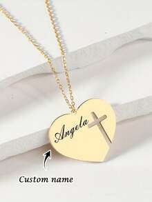 1PC Custom Personalized Engraved Heart-Shaped Hollow Cross Pendant Necklace, Stainless Steel Jewelry, Custom Jewelry, Women's Necklace, Custom Name Necklace, Gold Necklace And Silver Necklace, Customizable Items, Cross Necklace, Various Chinese Gifts, Customized Christmas Gifts, Halloween Gifts, Valentine's Day, Mother's Day, Birthdays And Anniversaries Elegant Bohemian Jewelry Gifts - Multicolor - View 2