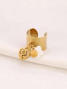 1 pieza Anillo redondo de joyería impermeable para mujer con colgante de acero inoxidable en forma de rosa y corazón, flor dorada y concha - anillo - Ver 9