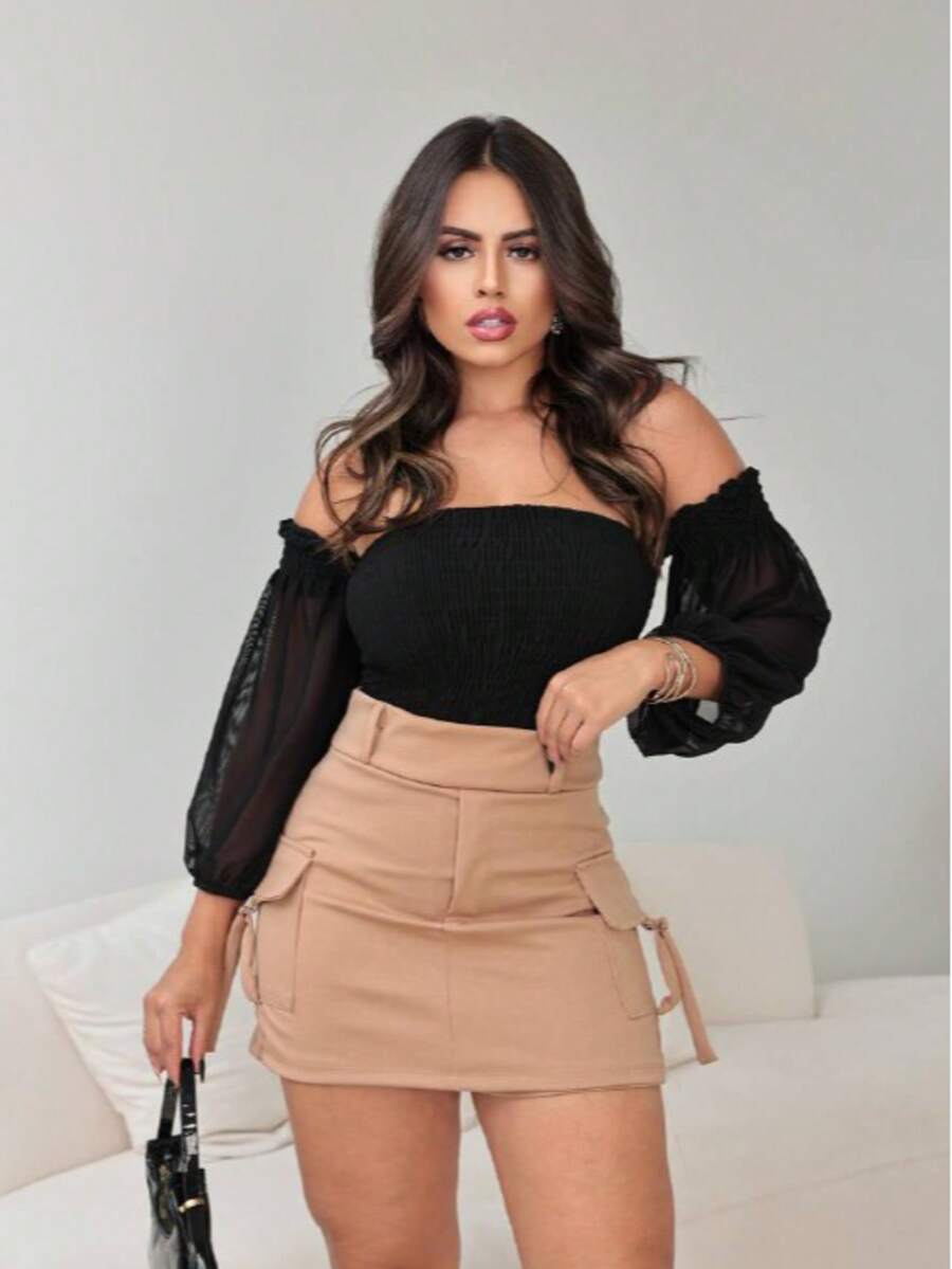 Short Saia Cargo Feminino em Ponto Roma – Bolsos Funcionais, Cintura Alta, Casual e Moderno