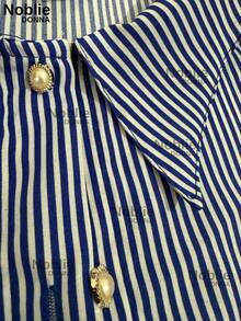 Women's Short Sleeve Striped Dress Shirt Elegant Blouse With Buttons On The Front Office - 藍色條紋 - 查看 2