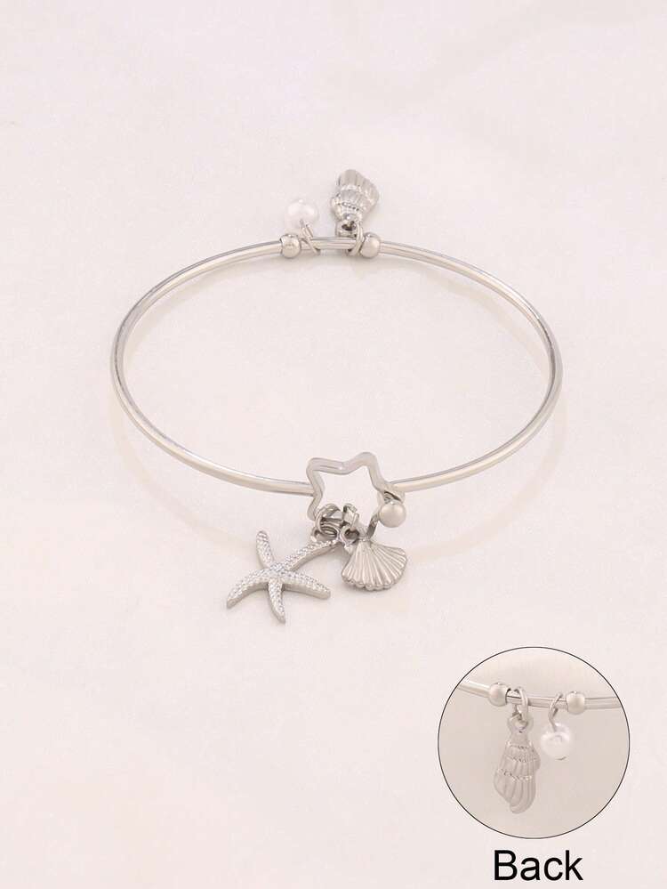 1pc Stainless Steel Shell Starfish Conch Pendant Bangles Fashion Open Bangle Pearl Ocean Charms Bangle Bracelet Jewelry - Bracelet - View 8