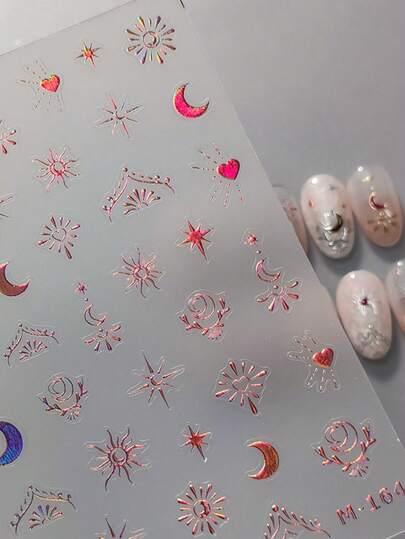 1片粉金彩虹色太阳图案新月八角星光爱心玫瑰藤蔓眼睛图案美甲贴纸 5D 空灵浪漫美甲贴花 自粘美甲装饰贴片，适合女性和女孩