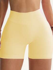 高腰塑身短裤，隐形提拉紧身短裤，曲线骑行短裤，女士平角内裤，收腰塑形，加大码曲线款，黑色短裤，运动短裤，紧身短裤，女士健身短裤 - 黃色 - 查看 3