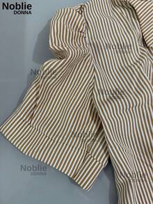 Women's Short Sleeve Striped Dress Shirt Elegant Blouse With Buttons On The Front Office - 米色條紋 - 查看 4