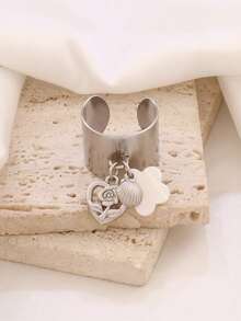 1 pieza Anillo redondo de joyería impermeable para mujer con colgante de acero inoxidable en forma de rosa y corazón, flor dorada y concha - anillo - Ver 4