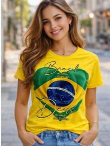 Brazil Women's T-Shirt 100% Premium Cotton T-Shirt For The World Cup - Team Match - 黃色 - 查看 2