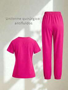 Conjunto uniforme médico quirúrgico set 2 piezas dama mujer manga corta cuello v pantalón jogger resorte cordón cómodo - Rosa Fucsia - Ver 2