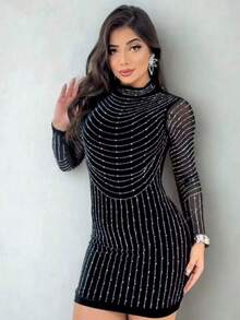 Women's Short Dress In Velvet Fabric, Long Sleeve, All Embellished With Rhinestones, Country Cowgirl Winter Fashion - màu đen - Xem 5
