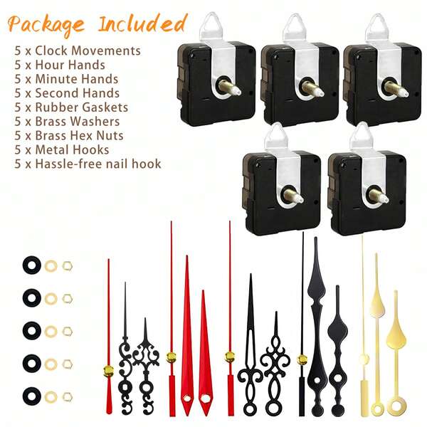 5pcs Quartz Clock Movement Mechanism Repair Parts Kit, Shaft Length: 2pcs 16mm, 2pcs 18mm, 1pc 23mm, Includes 5 Pairs Clock Hands, For Clock Repair, Replacement, DIY Decoration And Gift