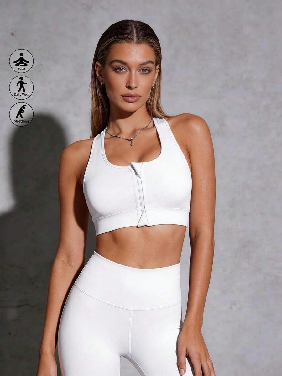 Runway Rest 女士白色拉链透明加垫无缝弹力低支撑运动文胸 - 白色 - 查看 1