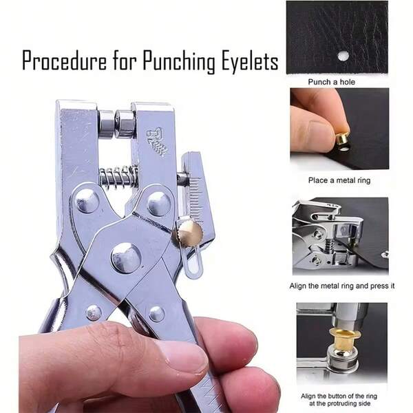 1 pieza Herramienta de perforación de metal de mano + 1 paquete de remaches (90-100 piezas), herramienta de perforación de cuero sintético multifuncional profesional, adecuada para cinturones, anillos metálicos, cordones de cuero hechos a mano, ojales, anillos, perforación de agujeros para papel A4, pendientes, etiquetas, cuerdas colgantes, herramienta de perforación y encuadernación de uso múltiple en la oficina