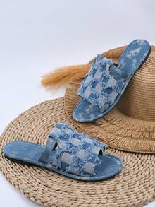 Plus Size Women's Solid Color Slide Sandals, Casual Open Toe Flat Summer Shoes, Lightweight Slip-On Sandals - Blue and White - View 7
